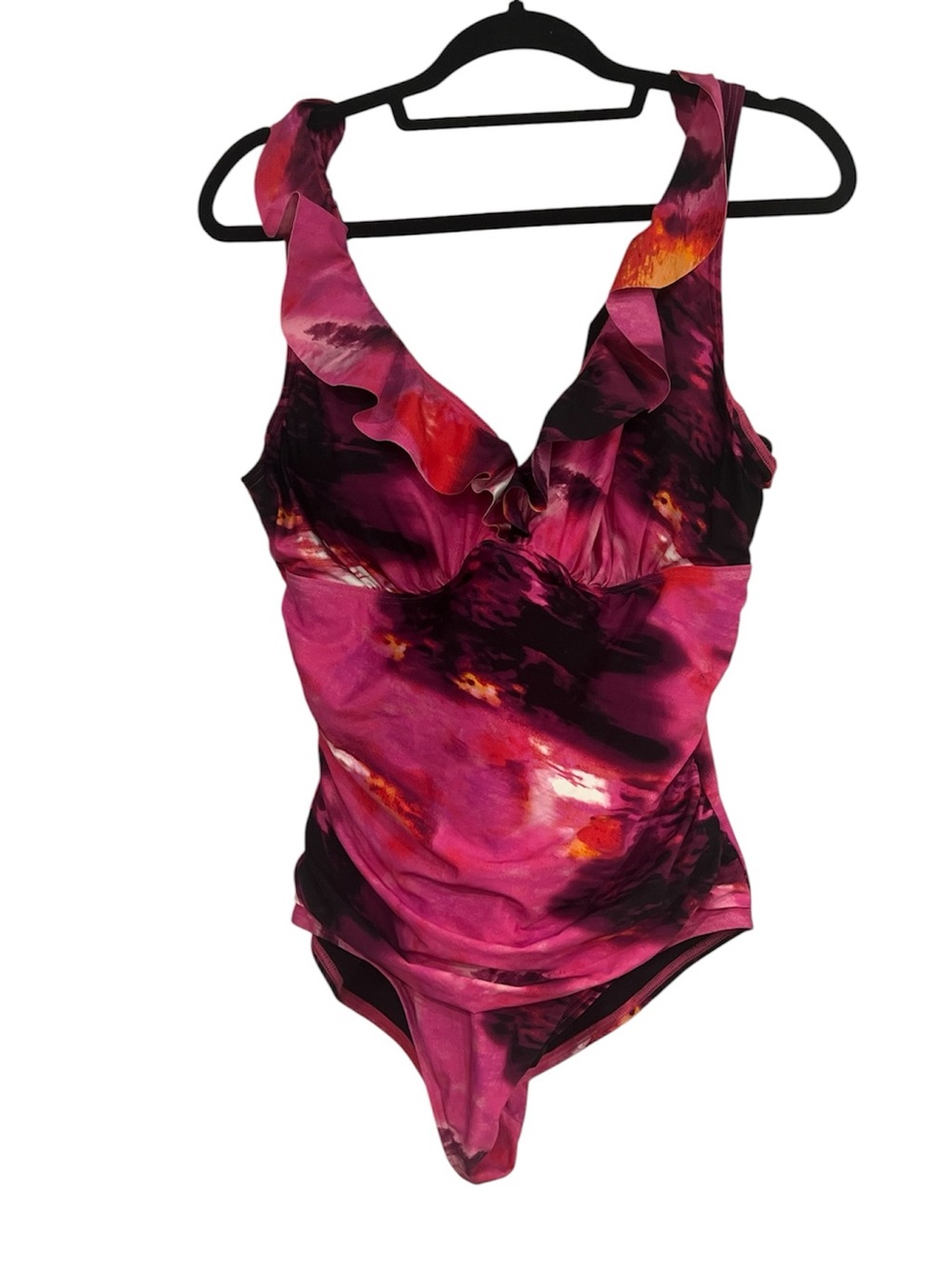 DKNY  Ruffled V-Neck One-Piece Swimsuit in Fuchsia Pink Print Size XXL - Picture 3 of 5